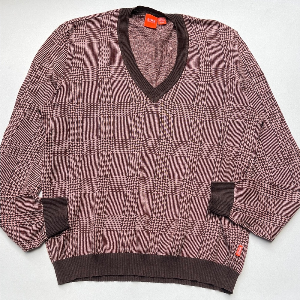 Hugo Boss sweater  Men's‎ V-Neck in Brown Cream houndstooth plaid linen everyday